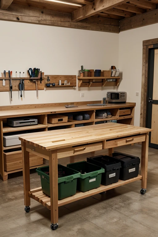 Design workbench，pine material，Multiple storage spaces，Tool storage，multi-layer，300cm width x depth 45cm height 200cm