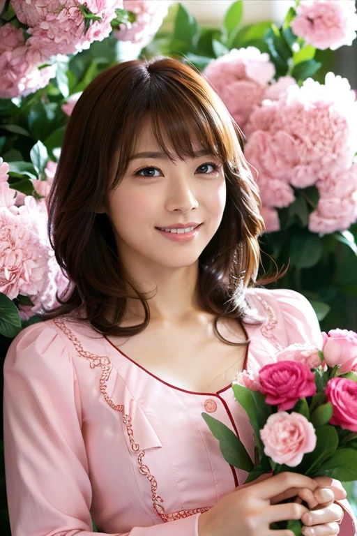 Medium Size Display, Medium Shot, Written boundary depth, bust, Upper Body, Movie angle, masterpiece, highest quality, Very detailed, CG, 8k wallpaper, Beautiful Face, Delicate eyes, Otome, alone, smile, bangs, have,Pink blouse, bow, petal, bouquet