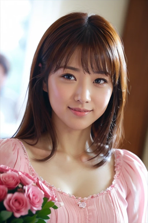 Medium Size Display, Medium Shot, Written boundary depth, bust, Upper Body, Movie angle, masterpiece, highest quality, Very detailed, CG, 8k wallpaper, Beautiful Face, Delicate eyes, Otome, alone, smile, bangs, have,Pink blouse, bow, petal, bouquet