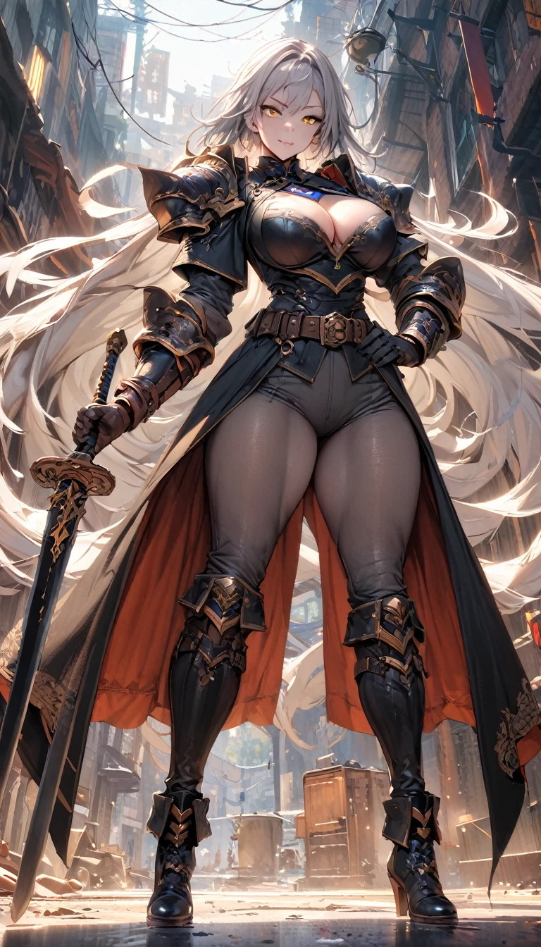 (masterpiece), (best quality:1.4), (perfect anatomy:1.4), high quality, expressive eyes, full body, detailed face, beautiful face, perfect face, 1 girl, breasts, gloves, (large breasts), military uniform, black jacket, jacket, very long hair, ({pale skin}), detailed ((silver hair)), yellow eyes, hourglass physique, gray pants, pants, thick thighs, toned, dynamic lighting, 4k resolution, dynamic pose, smirk, military base background, weapon, Sword, belt, glove, shoulder armor, boots, hand guard, delicate\(armor\),