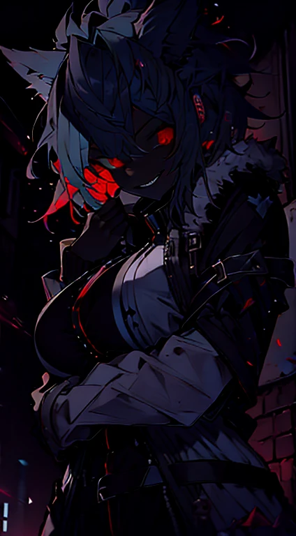 1girl, short_rebellious_hairblue_hair, hair tips to the side, scary_eyes, short_hair, Mouth_open_teeth_sharp_fangs, Evil smile_sharp_wild teeth, black_iris, scarlet_red_pupil, black, sclera, soulless_black_eyes, looking_at_vi ewer, holding, shirt, pant, animal_ears, blue_ ears, wolf_woman, blue_tail, body_perfect, Milf_body, female_body_muscular, big_breasts, scar_on_thighs, scar_on_the abdomen,assassin's creed:hunter_outfit_black,Dark_black_skin