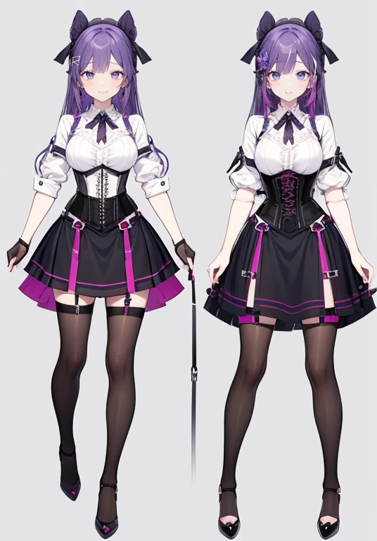 Purple hair,long hair,Adult female,((Body harness)),((Shirt with rolled up sleeves)),(Corset),(Tight skirt),(high heels),((Simple background)),Smile,((Full body)),((whole body)),Character Sheet,