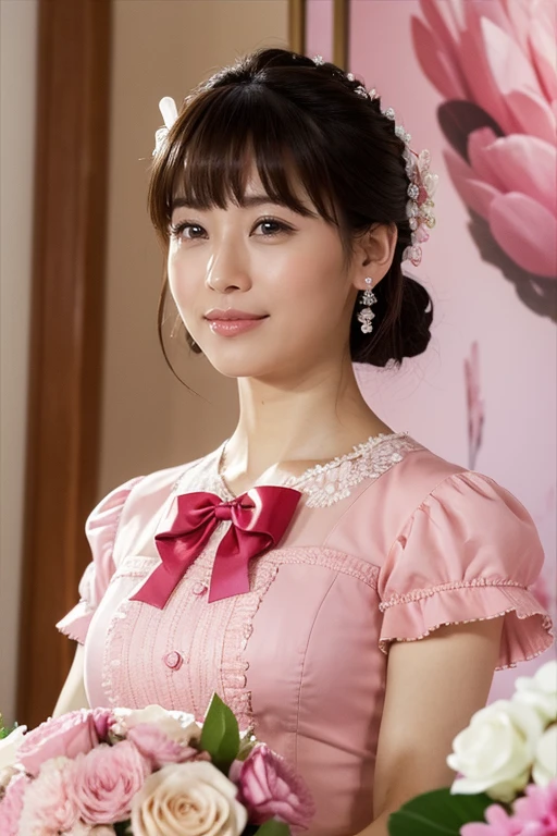 Medium Size Display, Medium Shot, Written boundary depth, bust, Upper Body, Movie angle, masterpiece, highest quality, Very detailed, CG, 8k wallpaper, Beautiful Face, Delicate eyes, Otome, alone, smile, bangs, have,Pink blouse, bow, petal, bouquet