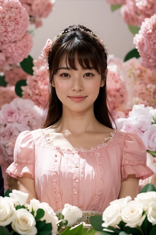 Medium Size Display, Medium Shot, Written boundary depth, bust, Upper Body, Movie angle, masterpiece, highest quality, Very detailed, CG, 8k wallpaper, Beautiful Face, Delicate eyes, Otome, alone, smile, bangs, have,Pink blouse, bow, petal, bouquet