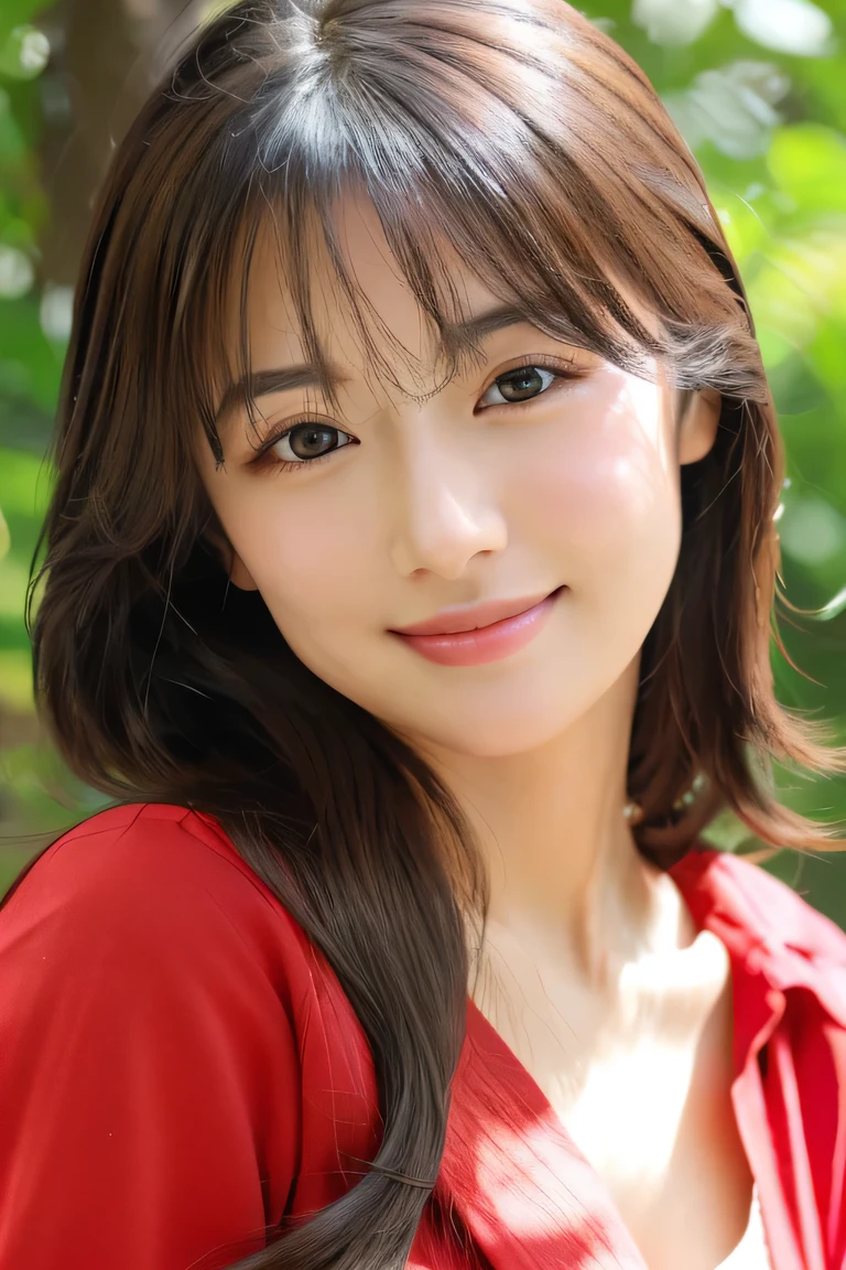 (((8k,Attention to detail,Attention to detail、highest quality,masterpiece,Attention to detail,alone))),RAW Photos & Realistic atmosphere,Beautiful dark eyes,Mouth Details,Glossy lips,Thin eyebrows,beautiful Eyes、Soft white skin that shines in every detail、Her deep black eyes are very beautiful,Lip details、Very beautiful face,Very beautiful face、Lively Faces,beautiful, Glistening lips,beautiful Eyebrows,Infinite Reality, Realistic Young Gravure Idol,Very cute woman , Young Gravure Idol, Young Gravure Idol, とても美しくてかわいいbeautiful 21 year old beauty,Incredibly beautiful and elegant,beautiful 21 year old beauty,Natural soft light,(Shiny Hair,,beautiful and kind eyes:1.5),A kind smile,Shapely breasts,Long Hair,beautiful posture,No makeup,Take a quick look at the camera,Red Shirt,