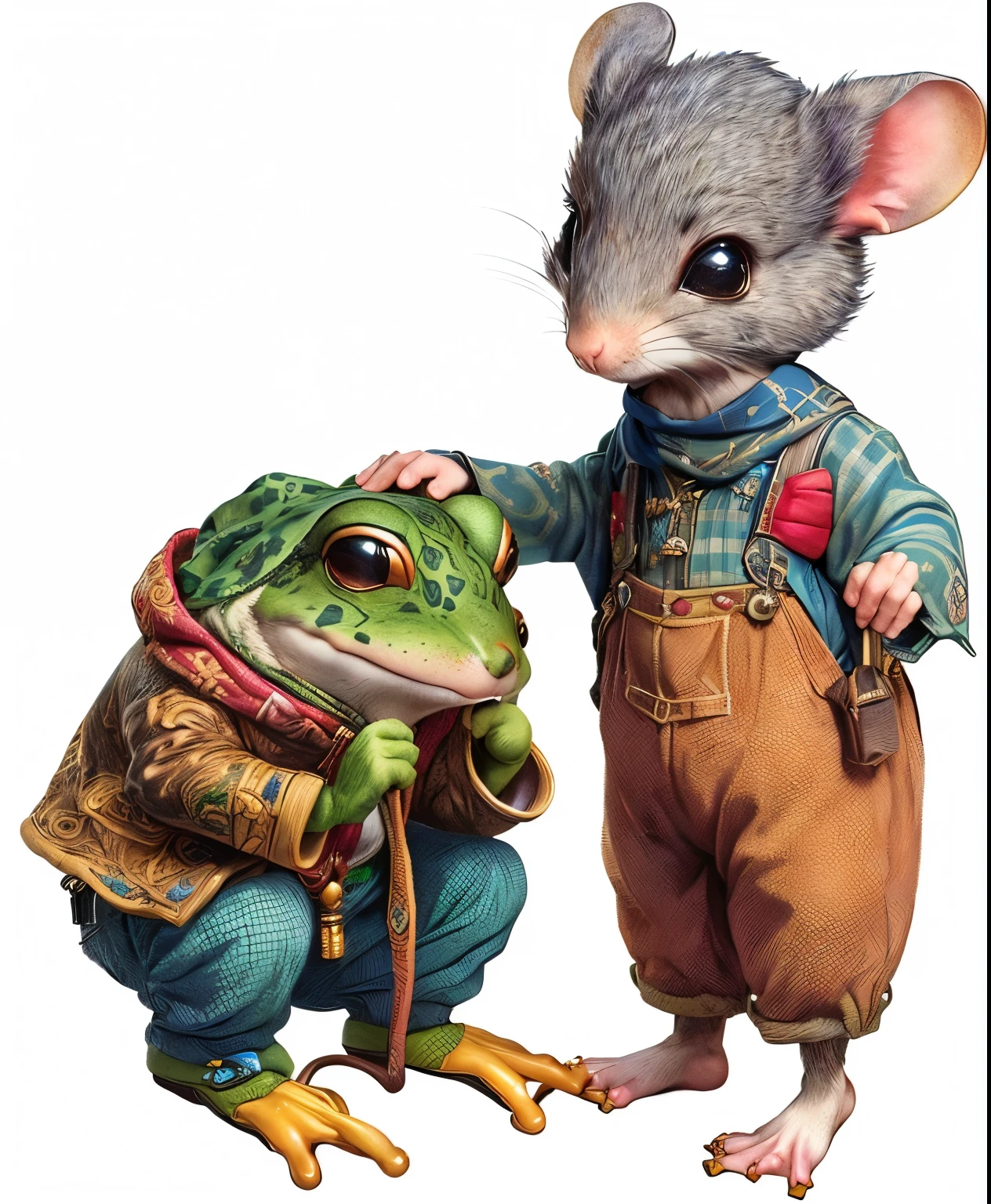 There is a picture of a mouse and a frog wearing a hat, rat tribe, inspired by Ralph Horsley, Anthropomorphic mouse, Todd Shore highly detailed, Full color illustrations, Mouse in clothes, Todd Shore, Anthropomorphic mouse, by Randy Gallegos, Inspired by Ron English, Peter de Serve (Peter de Seve) of inspiration, Anthropomorphic gangster mouse