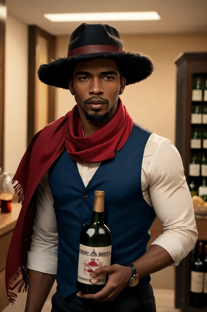 Crie um homem magro, negro, with a bandit hat, goatee, dressed in a blue blouse, beige pants and a red scarf, with a bottle under your arm and a mug in your hand