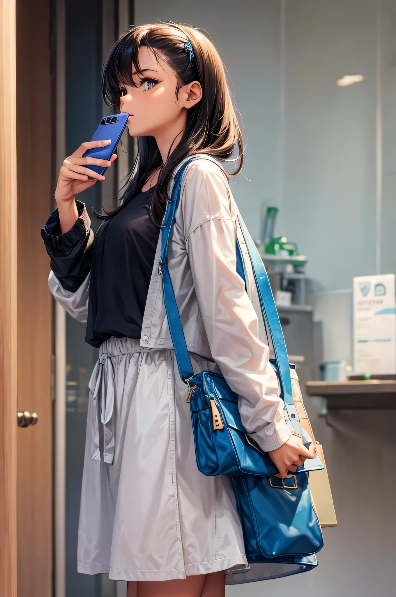 female looking at cell phone in hand, side angle