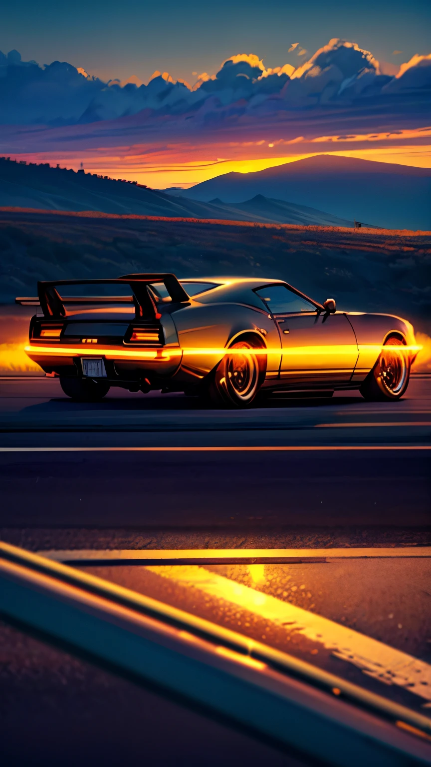Envision a sleek, vintage Camaro on a journey down a flawlessly straight highway, heading towards a mesmerizing horizon. The car’s polished chrome and iconic lines shine under the soft glow of the setting sun, exuding an aura of classic elegance and raw power. The road, lined with gently rolling hills and vibrant wildflowers, stretches ahead, inviting the promise of adventure.

The sky is a breathtaking palette of colors, with deep oranges, vivid pinks, and soft purples merging as the sun sets. Wisps of clouds catch the evening light, adding depth and drama to the expansive view. The Camaro’s engine hums with a deep, resonant purr, its timeless silhouette cutting through the serene landscape with effortless grace.

As the Camaro travels towards the radiant horizon, the golden light bathes the scene, symbolizing endless possibilities and new beginnings. This moment captures the essence of freedom and the timeless allure of the open road, blending the beauty of nature with the enduring charm of a vintage automotive masterpiece.
