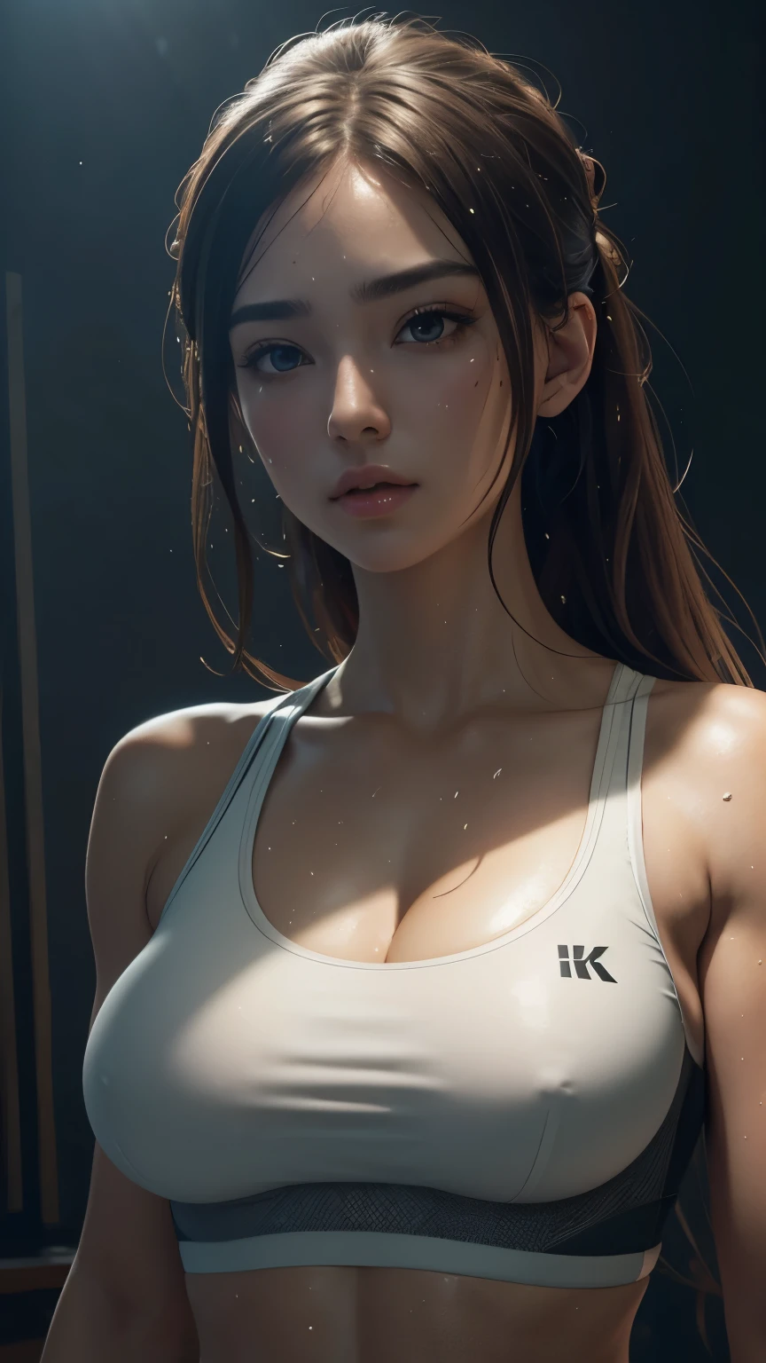 (Highly detailed CG Unity 8k wallpaper), The most beautiful works of art in the world, One girl, Upper Body, Sweaty Big Breasts Sports Bra Muscular