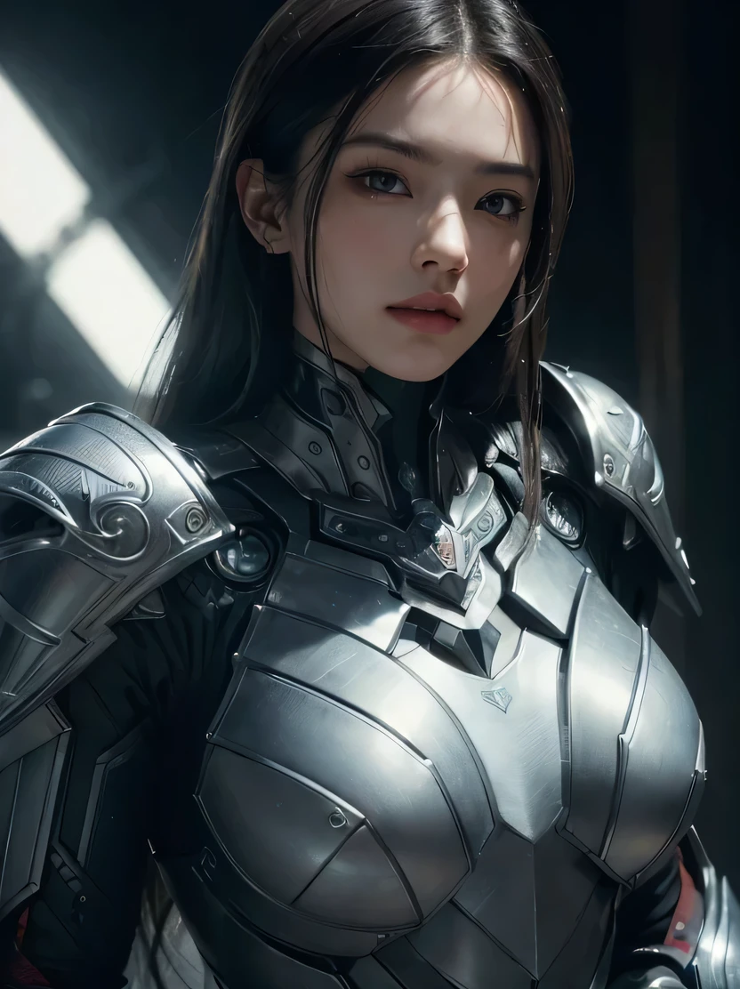 ((Masterpiece, top quality, highly detailed, high resolution, photorealistic, sharp focus, cinematic lighting)), ((solo woman, middle shot, focus from the chest up, face light)), high contrast , Warflame close-up, monocular lens, wearing intricately patterned armor, villain cyborg, alien cyborg, Crisis nano suit, assassin's elaborate mech armor, bad guy's face in armor, cool cyborg still photo