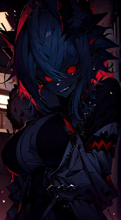 1girl, short_rebellious_hairblue_hair, hair tips to the side, scary_eyes, short_hair, Mouth open_teeth_sharp_fangs, Evil smile_sharp_wild teeth, black_iris, scarlet_red_pupil, black, sclera, soulless_black_eyes, looking_at_vi ewer, holding, shirt, pant, animal_ears, blue_ ears, wolf_woman, blue_tail, body_perfect, Milf_body, female_body_muscular, big_breasts, scar_on_thighs, scar_on_the abdomen,assassin's creed:hunter_outfit_black,Dark_black_skin