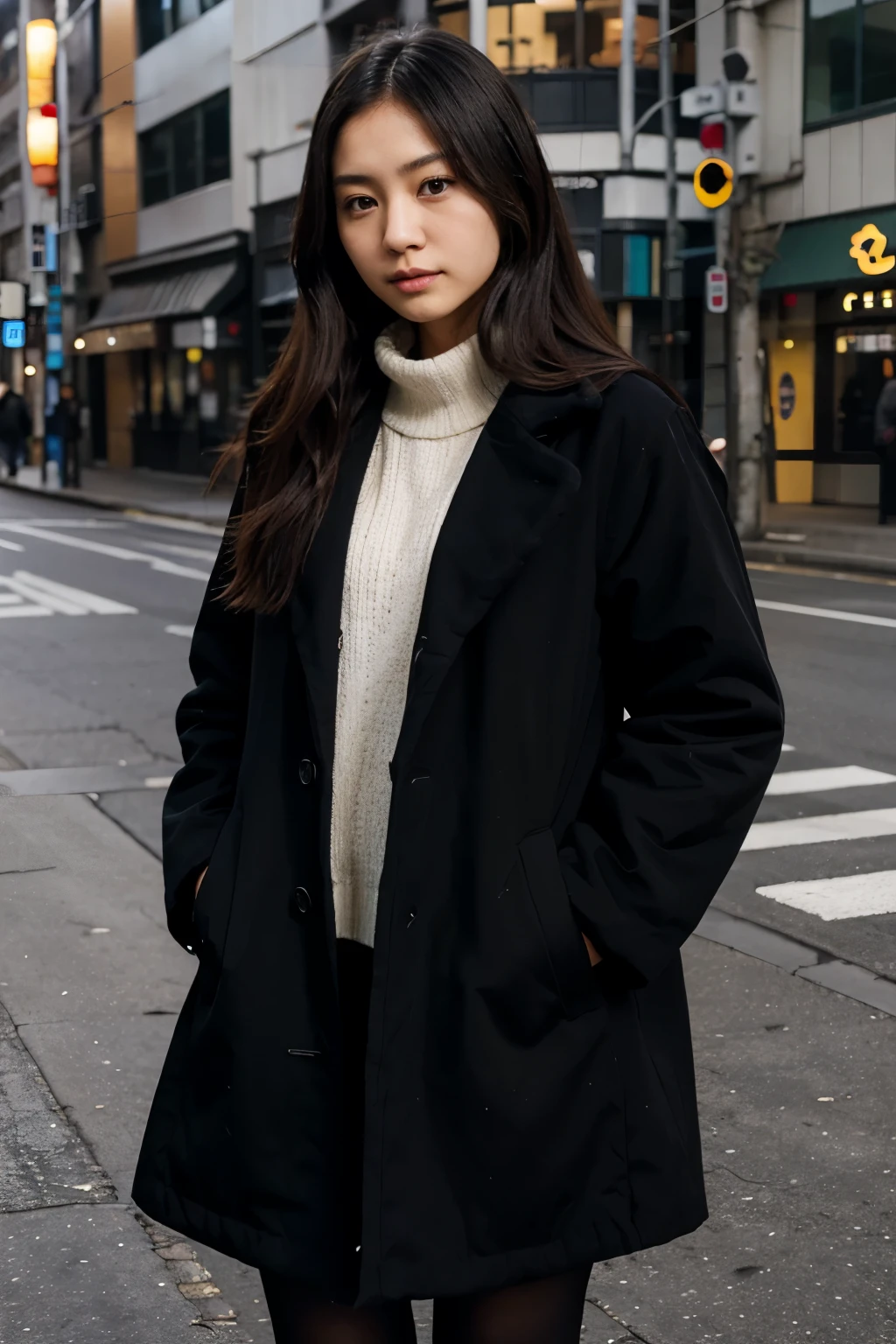 25 years japanese long hair cute girl wear black color Coat.