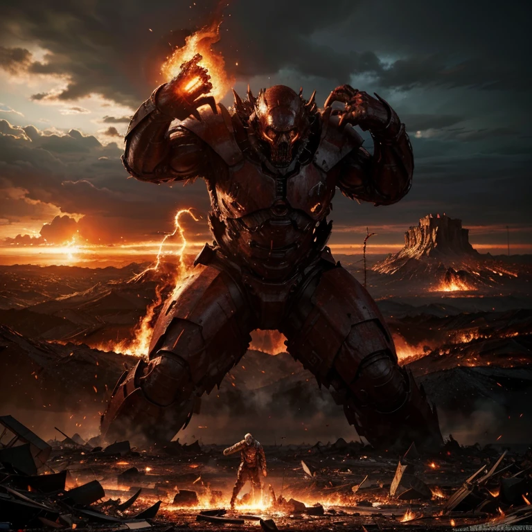 Mass destruction of red flame giant monster, scattered human being, debris an$ apocalypse, hyper realistic photo art, HD, ultra detailed, no deformity