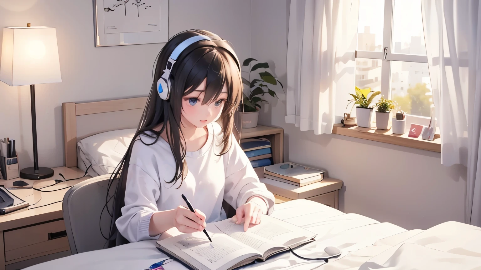 Beautiful girl studying in her room while listening to music with headphones Warm lighting Outside the room, it's night Japanese anime style
