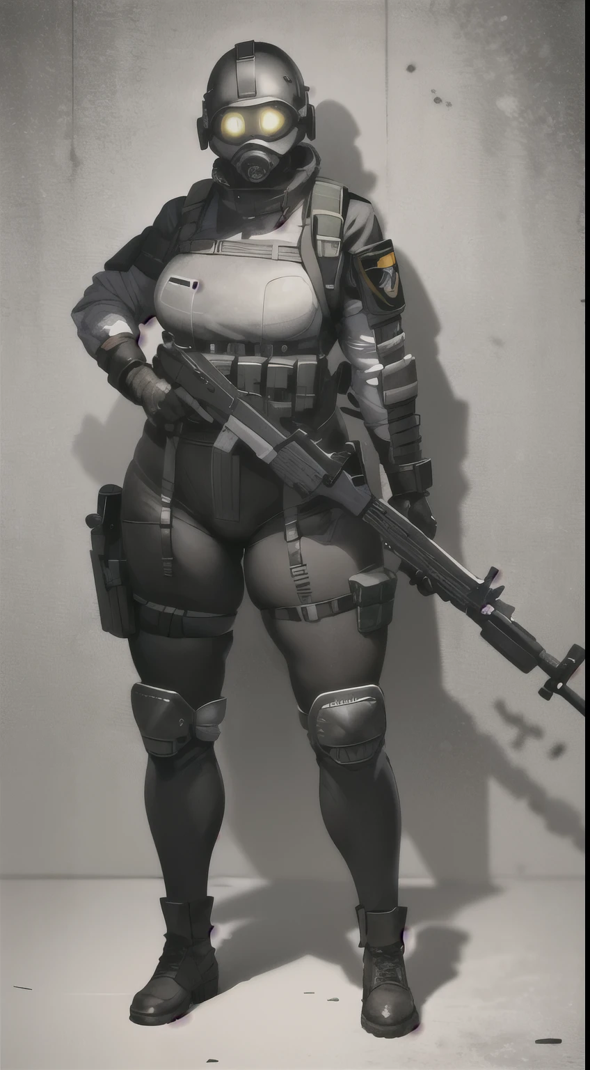 combine soldier, 1girl, solo, standing, helmet, gloves, looking at viewer, facing viewer, military, science fiction, jumpsuit, bulletproof vest, breasts, wide hips, skintight, combat boots, coat around waist, mechanic girl, holding shotgun, holster, chest rig, ammo pouches, satchel, toolbelt, vest collar, body armor, shoulder pads, thigh pads, kneepads, armor, high quality shadows, glowing eyes, straps, shotgun shells, menacing, thick thighs, riot gear, riot helmet, bullet proof visor