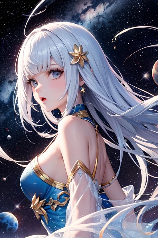  melhor qualidade, 1 garota cosmica, cabelo longo, olhos brilhantes :o, , background in space and stars, cosmos, fantasia  