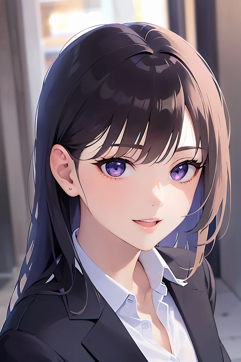 Shooting from above、looking up, Placing hand on cheek, Biologically correct five fingers、upper body, Realistic, real person, (pale skin: 1.2), (RAW photo:1.5), photorealistic, shiny skin, shiny hair、(A 25-year-old woman with straight hair and bangs) and (medium hair) and (black hair) and (purple eyes), business suit, (smile:1.3), open mouth, The background is an office hallway、alone、Are standing