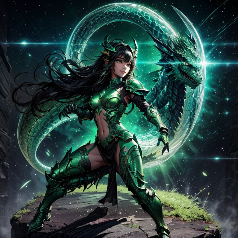 masterpiece, best quality, 8K wallpaper, HDR, octane rendering. A girl, fierce expression, ((Green aura around her, malevolent energy)), wearing, ((dragon armor, Dragon helmet)), ((bright jade armor:1.2)), ((Moving poses: 1.4)), (full body), China, walls, landscape destruction, detailed scenery, the girl has (Messy hair, shiny black hair:1.2), (Beautiful and detailed face with perfect symmetry), (Beautiful and detailed green eyes ), (soft open lips, smile, teeth:1.2), (body with perfect anatomy, perfect natural texture, high details, shiny skin) cinematic lighting, vivid colors, detailed illustration, depth of field.