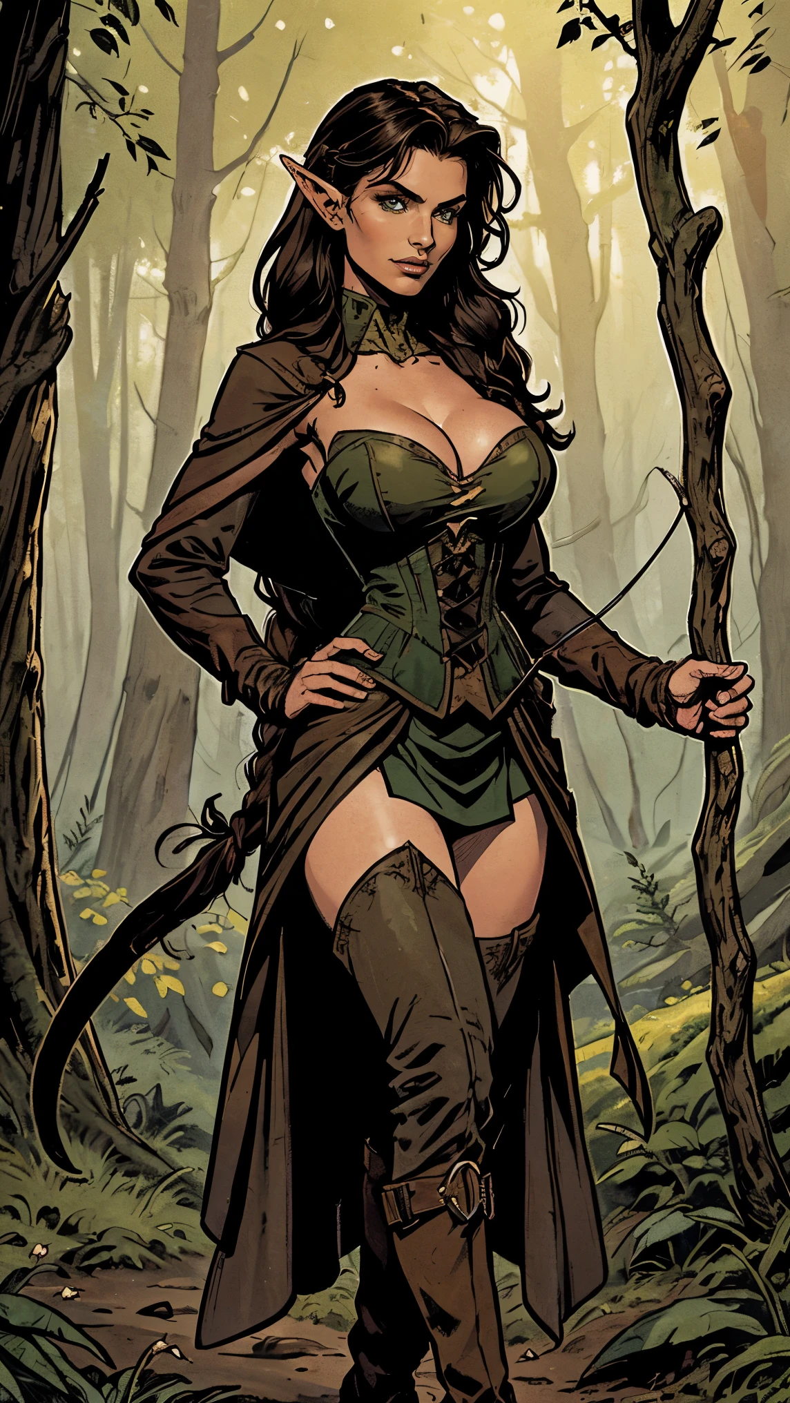 (masterpiece, top quality, best quality, official art, beautiful and aesthetic:1.2), (1girl:1.3), dark brown hair in a single braid, extremely detailed, portrait, looking at viewer, solo, (full body:0.6), detailed background, close up, cat eyes, (warm summer forest theme:1.1), (elf) ranger, charlatan, smirk, mysterious, walking in forest, revealing ranger attire, brown leather, cowl, cloak, corset, long boots, buckles, straps, pouches, bow and arrow, green fabric, brown leather, ((((gigantic breasts, cleavage, skindentation)))), slim waist, slim hips, long legs, medieval (forest exterior:1.1) background, dark mysterious lighting, shadows, magical atmosphere, dutch angle