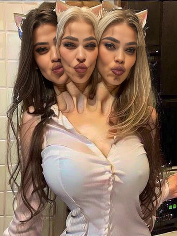 Photo, (((2heads:1, conjoined_dicephalus:1.5, two heads:1.5))), **Render**: full body, girl, (((((one person))))), feminine face, no facial hair, no body hair, cute face, detailed skin, detailed eye, Rendering in highly detailed 4K resolution, two-headed, ~25 years old, ((Silver/White Cat Ears)), (Chinese woman), (standing in the middle of a kitchen), dressed in a ((white shirt:1.25)), ((red eyeshadow/lipstick/nails)), ((silver straight hair)), ((puckered lips)), ((extending her arms towards the camera as if offering a warm welcome))