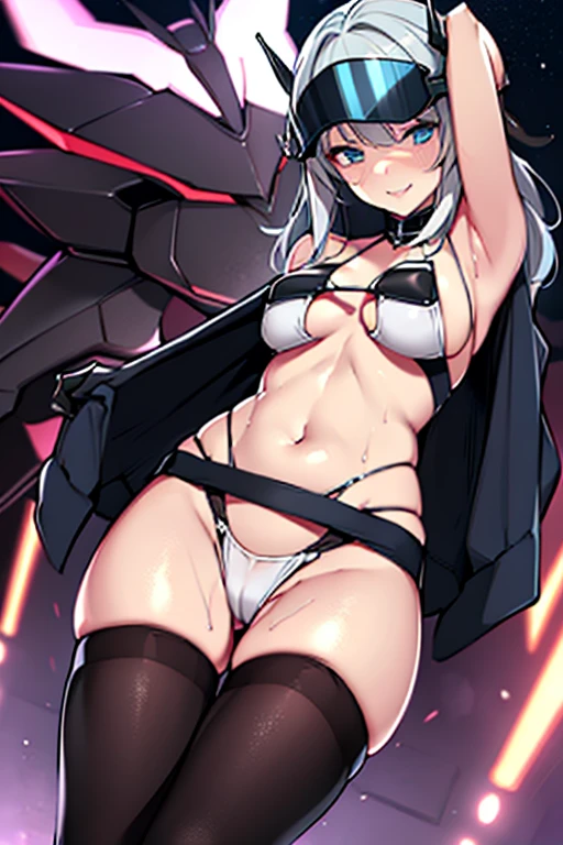 ((Masterpiece)), ((Top quality)), (Super detailed), (Cute), (Lovely), (Sexy), ((Very detailed)), 4K, (8K), Top quality , (Good condition), Illustration, Silver hair, Long hair, Blue eyes, Beautiful girl, Slender, (((White bodycon suit, high neck))), (((Blue tight skirt))),white panties, Thigh-high boots, High heels, Fingertip gloves,cleavage, ( Handgun), buttocks, body harness, dark building corridor at night, neon trim, white shiny clothes, ear antenna, hair band, armpits, science fiction, headgear, mechanical arm, mechanical chest armor, mechanical leg armor, sweat, , neon trim,white shiny clothes,6 heads and bodies, ,,smile, ,medium_breasts, ,head-mounted_display, ,jacket, jacket harness, mecha_musume , armor strap,covered_eyes, facing_viewer ,bangs, ,visor_(armor), shame, digging into the crotch,mtu virus, multiple views,mecha musume, headgear, mechanical arms,