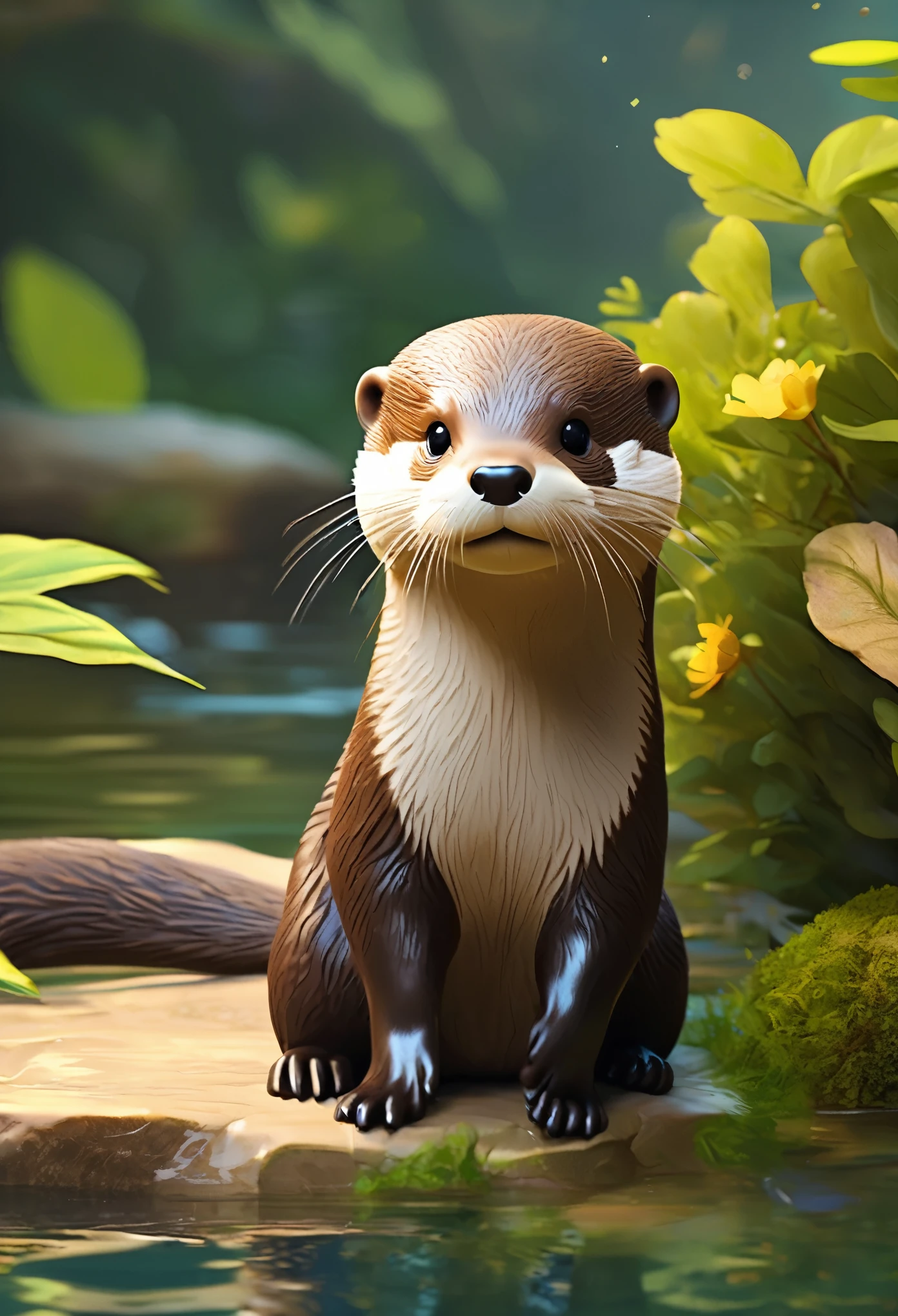 highest quality、Super fine、Realistic、((Asian small-clawed otter、Cute otter))、Shaggy animals、Adorable creatures、Pad、Beard、Nimble movement、playful look、mischievous eyes、Curious personality、Forest Habitat、Natural scenery、Green leaves、Sunlight filtering through the trees、Shining River、Water surface reflection、Colorful flowers、Peaceful and quiet atmosphere、Soft fur texture、Bright colors、Artistic rendering、Meticulous attention to detail、Realisticな描写、Fantastic lighting、Serene atmosphere