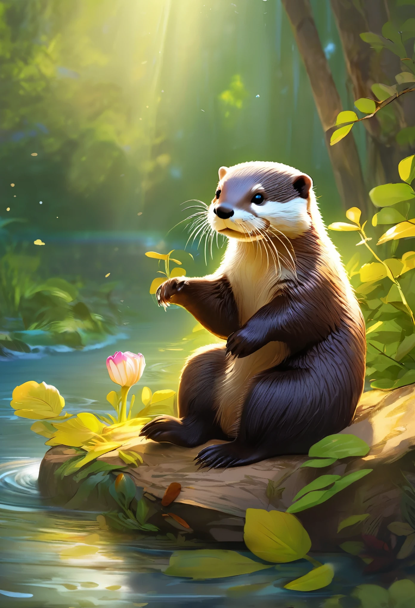 highest quality、Super fine、Realistic、Asian small-clawed otter、Cute otter、Shaggy animals、Adorable creatures、Pad、Beard、Nimble movement、playful look、mischievous eyes、Curious personality、Forest Habitat、Natural scenery、Green leaves、Sunlight filtering through the trees、Shining River、Water surface reflection、Colorful flowers、Peaceful and quiet atmosphere、Soft fur texture、Bright colors、Artistic rendering、Meticulous attention to detail、Realisticな描写、Fantastic lighting、Serene atmosphere