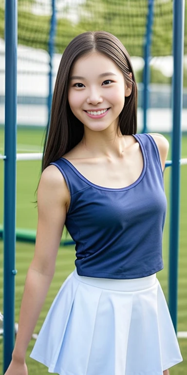 A neat female college student,  people, (skirt, Play sports often), Outside the playground, (slim), Realistic, detailed, Skin Texture, ultra detailed, Delicate and sexy collarbone, smile, super detaileded face, detaileded lips, detaileded eyes, small breasts, small, small breasts, small, flat breasts, flat