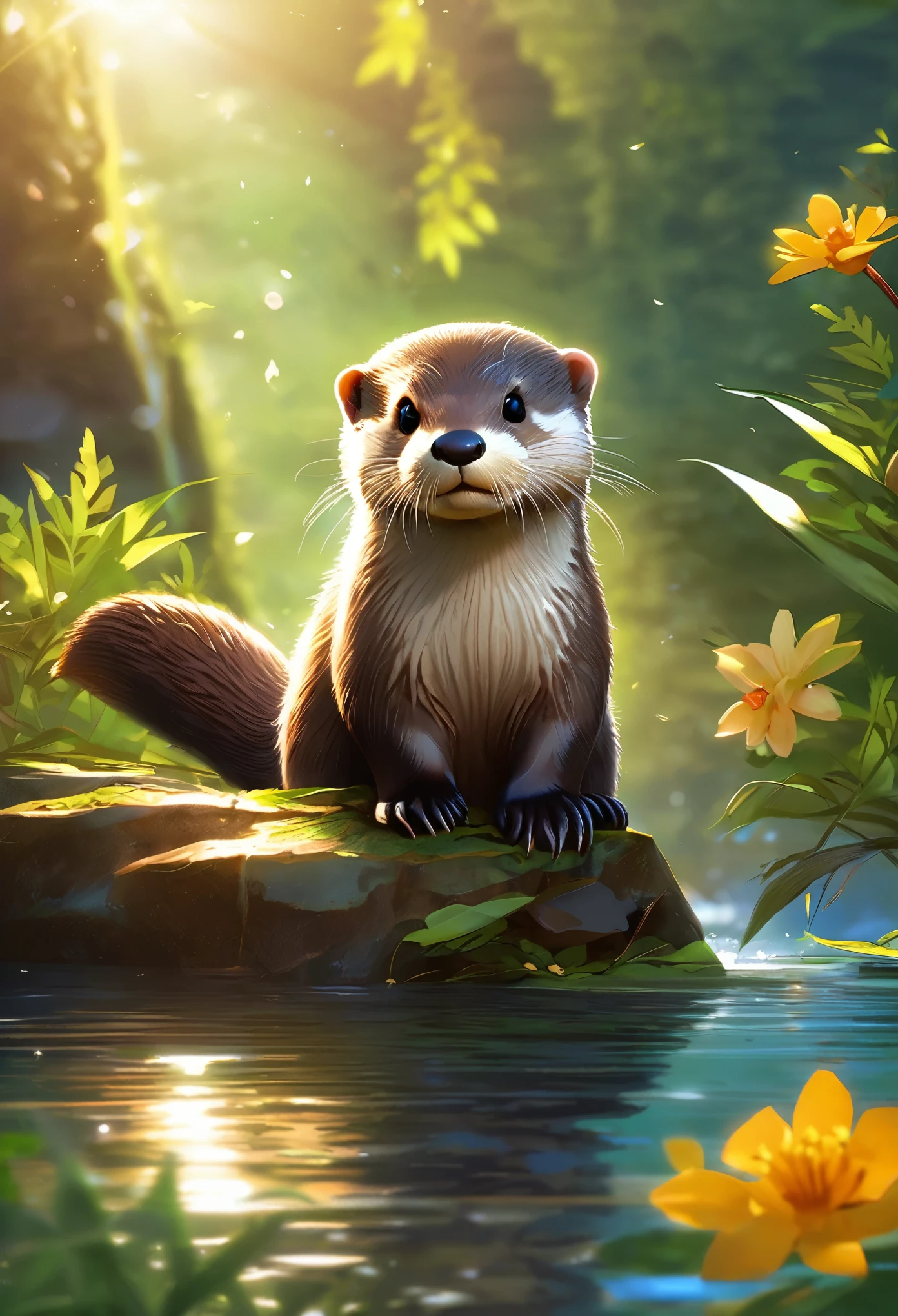highest quality、Super fine、Realistic、Asian small-clawed otter、Cute otter、Shaggy animals、Adorable creatures、Pad、Beard、Nimble movement、playful look、mischievous eyes、Curious personality、Forest Habitat、Natural scenery、Green leaves、Sunlight filtering through the trees、Shining River、Water surface reflection、Colorful flowers、Peaceful and quiet atmosphere、Soft fur texture、Bright colors、Artistic rendering、Meticulous attention to detail、Realisticな描写、Fantastic lighting、Serene atmosphere