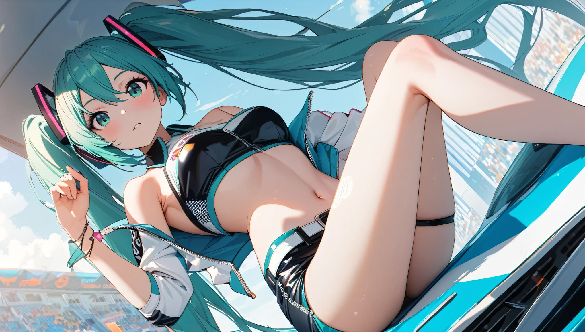 hatsune_miku, race queen, bare legs, belt on right leg, beautiful stomach, stylish, cool, noon, bright, perfect hand, super delicate, ultra detailed, 8k