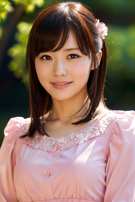 Medium Size Display, Medium Shot, Written boundary depth, bust, Upper Body, Movie angle, masterpiece, highest quality, Very detailed, CG, 8k wallpaper, Beautiful Face, Delicate eyes, Otome, alone, smile, bangs, have,Pink blouse, bow, petal, bouquet