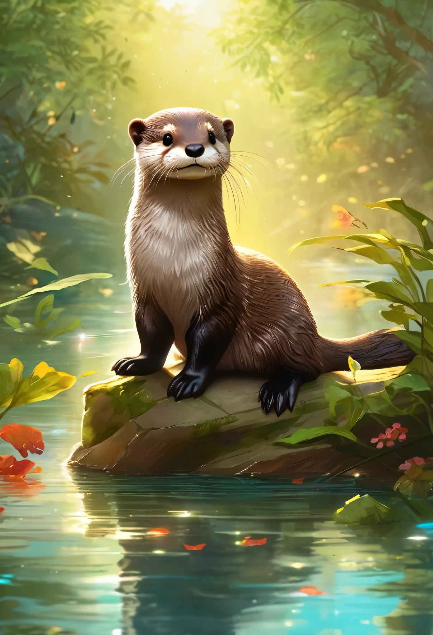 highest quality、Super fine、Realistic、Asian small-clawed otter、Cute otter、Shaggy animals、Adorable creatures、Pad、Beard、Nimble movement、playful look、mischievous eyes、Curious personality、Forest Habitat、Natural scenery、Green leaves、Sunlight filtering through the trees、Shining River、Water surface reflection、Colorful flowers、Peaceful and quiet atmosphere、Soft fur texture、Bright colors、Artistic rendering、Meticulous attention to detail、Realisticな描写、Fantastic lighting、Serene atmosphere