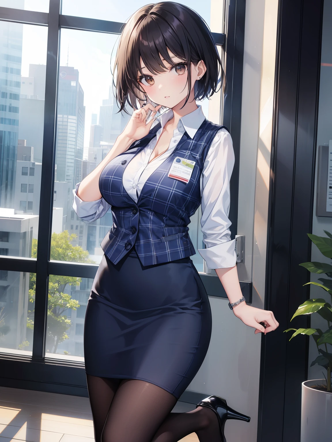 highest quality, Flying debris、Beautiful woman、officeレディー、Black Hair、(Brown eyes、Big Breasts)、short hair、チェック柄のダークブルーのofficeスーツ)、new employee,Full Body Shot、Female office lady、break(Dark blue checked vest、White dress shirt、Navy blue long tight pencil skirt:1.2)、(black tights、High heels)、break(office:1.3)、Cleavage、Unbutton your shirt