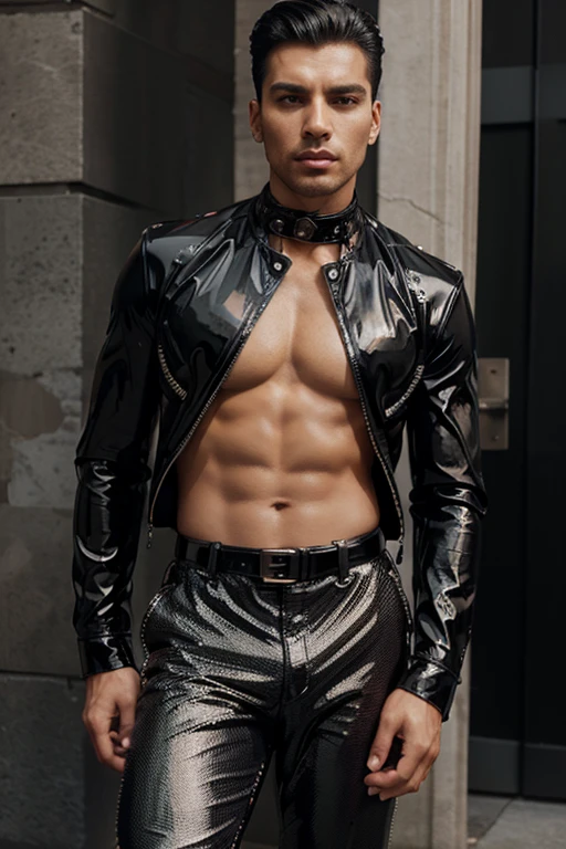 Latin Man Handsome Glamor Modern Fashion Shiny Stones Rhinestones Black Outfit Athletic Leather Metallic Jacket Sexy Pop Star Chest Black Transparent Harness Mental Leather Ribbons