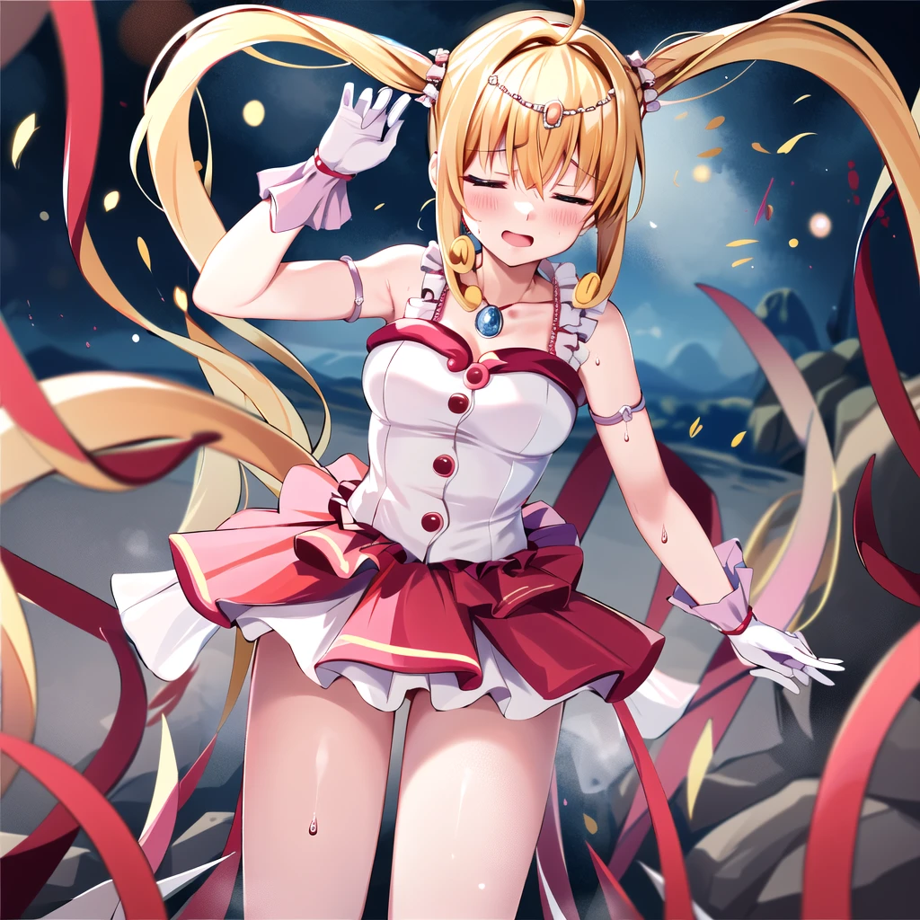masterpiece, highest quality, High resolution, Hmm., Twin tails, tiara, blue eyes, Long Hair, Ahoge, hair ornaments, Idol, dress, gloves, Are standing, Cowboy Shot, smile, Open your mouth, Tentacles,Tentacles拘束,Tentacles挿入,Tentacles陵辱,Naughty attack,Ecstasy,Costume damage,Naughty expression,Heroine in Trouble,Energy Drain,Untransform,whole body,
steam（mist）,Wet,Sweat,Climax,Eyes closed,Watery eye,