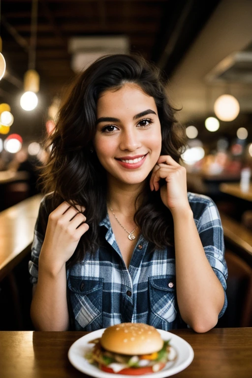 Fotografia de uma mulher, (happy facial expression ), pele texturizada, arrepio, cabelo loiro afro, plaid flannel shirt with boyfriend jeans, tiro de vaqueiro, dark and mysterious diner eating a tasty burger and hidden wonders, olhos perfeitos, (Luz de velas,Claro-escuro), Suporte de 160 cores, filmado em ARRI ALEXA 65, Bokeh, sharp focus on the subject, filmado por Don McCullin