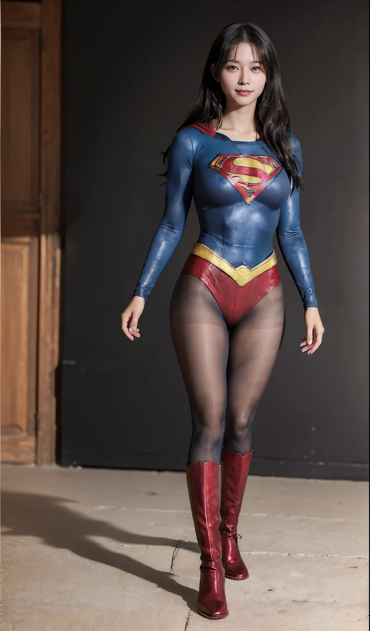 No background、(((Beautiful legs in black tights.)))、(((Legally express the beauty of your smile)))、((((Make the most of your original images)))、(((Supergirl Costume)))、(((ボディにフィットしたSupergirl Costume)))、(((Beautiful Hair)))、(((Smiles and winks)))、(((Please wear black tights....、Wear red boots)))、((Best image quality、8k))、((highest quality、8k、masterpiece:1.3))、(((Preserve background )))、Sharp focus:1.2、Beautiful woman with perfect figure:1.4、Slim Abs:1.2、Wet body:1.5、Highly detailed face and skin texture、8k