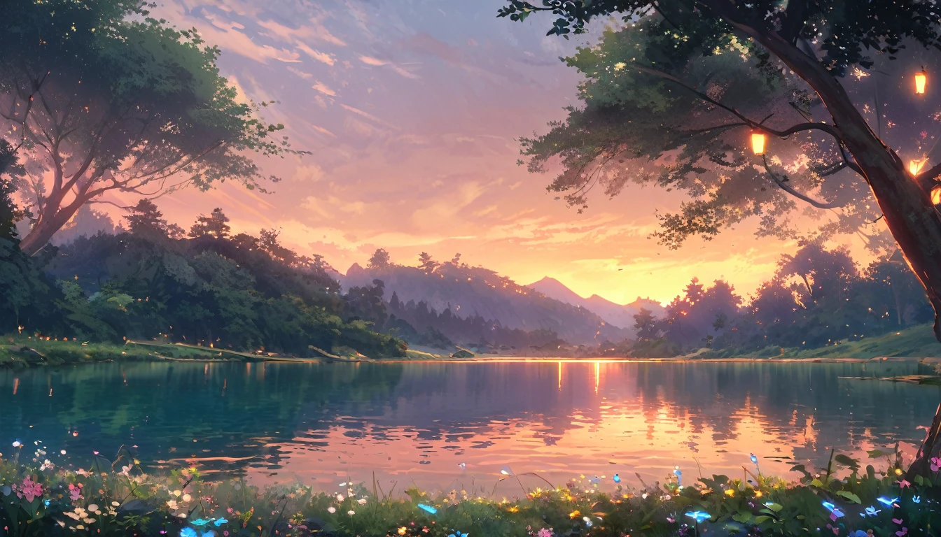 (best quality, masterpiece:1.2),detailed landscape,tranquil lake,reflecting vibrant dusk sky,nuances of colors,quiet,serene lighting,natural elements,peaceful ambiance,breathtaking view,serene atmosphere,gentle breeze,calm water surface,soothing sounds of nature,soft grass and flowers,golden sunlight filtering through the trees,subtle shades of green and blue,scattered rays of light,harmony between land and water,harmonious composition,serene color palette,refreshing and calming feeling,serenity of the scene,relaxing and rejuvenating experience,serene and majestic scenery,serene reflections,tranquil beauty,enchanting and peaceful landscape,ethereal and dreamlike ambiance,serene and tranquil oasis,warm and inviting atmosphere,splendid and enchanting panorama