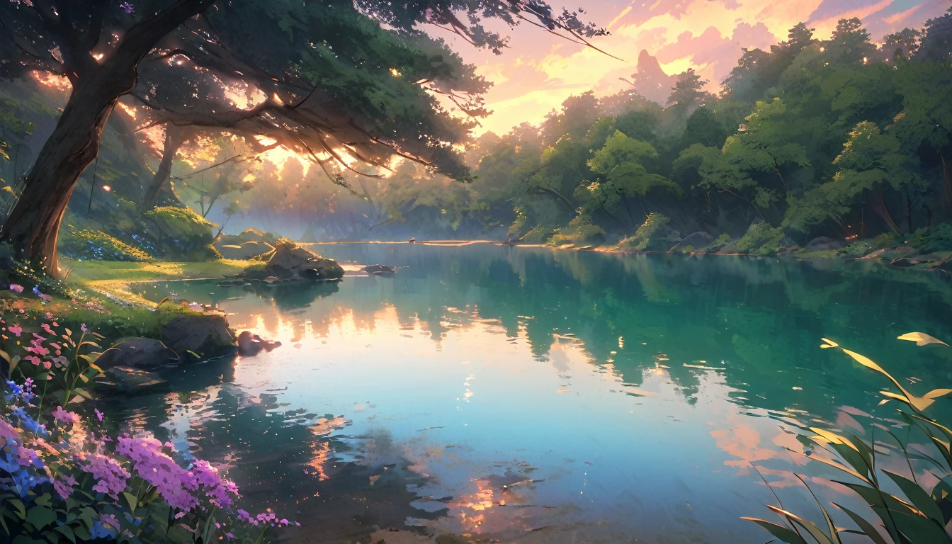 (best quality, masterpiece:1.2),detailed landscape,tranquil lake,reflecting vibrant dusk sky,nuances of colors,quiet,serene lighting,natural elements,peaceful ambiance,breathtaking view,serene atmosphere,gentle breeze,calm water surface,soothing sounds of nature,soft grass and flowers,golden sunlight filtering through the trees,subtle shades of green and blue,scattered rays of light,harmony between land and water,harmonious composition,serene color palette,refreshing and calming feeling,serenity of the scene,relaxing and rejuvenating experience,serene and majestic scenery,serene reflections,tranquil beauty,enchanting and peaceful landscape,ethereal and dreamlike ambiance,serene and tranquil oasis,warm and inviting atmosphere,splendid and enchanting panorama