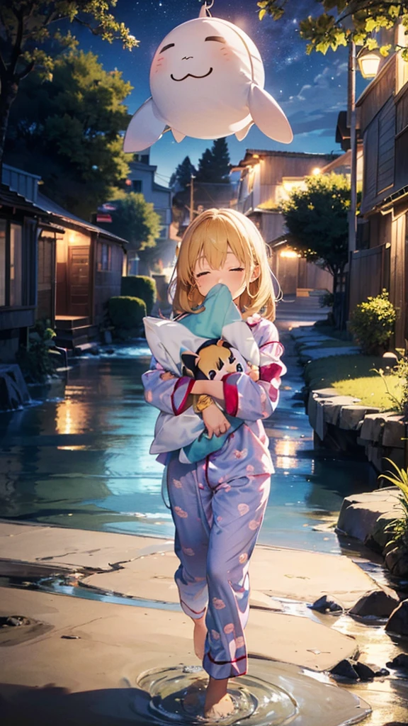 ((A cute sleepy girl in pajamas walking along a riverbed in the middle of the night, holding a pillow))、Cute blonde American girl、A pink tapir, a rare animal, snuggles up to the 、13 years ol distance、semi-long、(sleepwalking)、There aren&#39;t many streets.、((It&#39;s pitch black outside))、Dream world、masterpiece, Masterpiece Best Quality, Highest quality ultra detailed, Super detailed highres, High resolution, High resolution 4k skin, realistic, Realistic RAW photo, Raw photo real person, Real people portrait photography, Photorealistic portrait photography, Photorealistic shiny skin, Shiny skin Detailed skin, Detailed