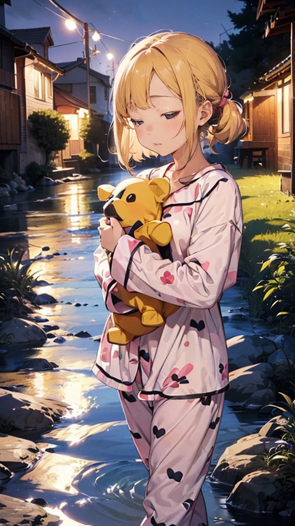 ((A cute sleepy girl in pajamas walking along a riverbed in the middle of the night, holding a pillow))、Cute blonde American girl、A pink tapir, a rare animal, snuggles up to the little girl、s old、UFO in the distance、semi-long、(sleepwalking)、There aren't many streets.、((It's pitch black outside))、Dream world、masterpiece, Masterpiece Best Quality, Highest quality ultra detailed, Super detailed highres, High resolution, High resolution 4k skin, realistic, Realistic RAW photo, Raw photo real person, Real people portrait photography, Photorealistic portrait photography, Photorealistic shiny skin, Shiny skin Detailed skin, Detailed