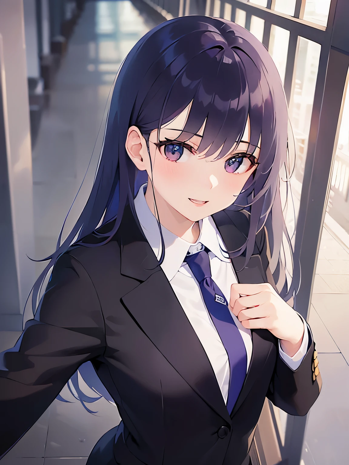 Shooting from above、looking up, Placing hand on cheek, Biologically correct five fingers、upper body, Realistic, real person, (pale skin: 1.2), (RAW photo:1.5), photorealistic, shiny skin, shiny hair、(A 25-year-old woman with straight hair and bangs) and (medium hair) and (black hair) and (purple eyes), business suit, (smile:1.3), open mouth, The background is an office hallway、alone、Are standing