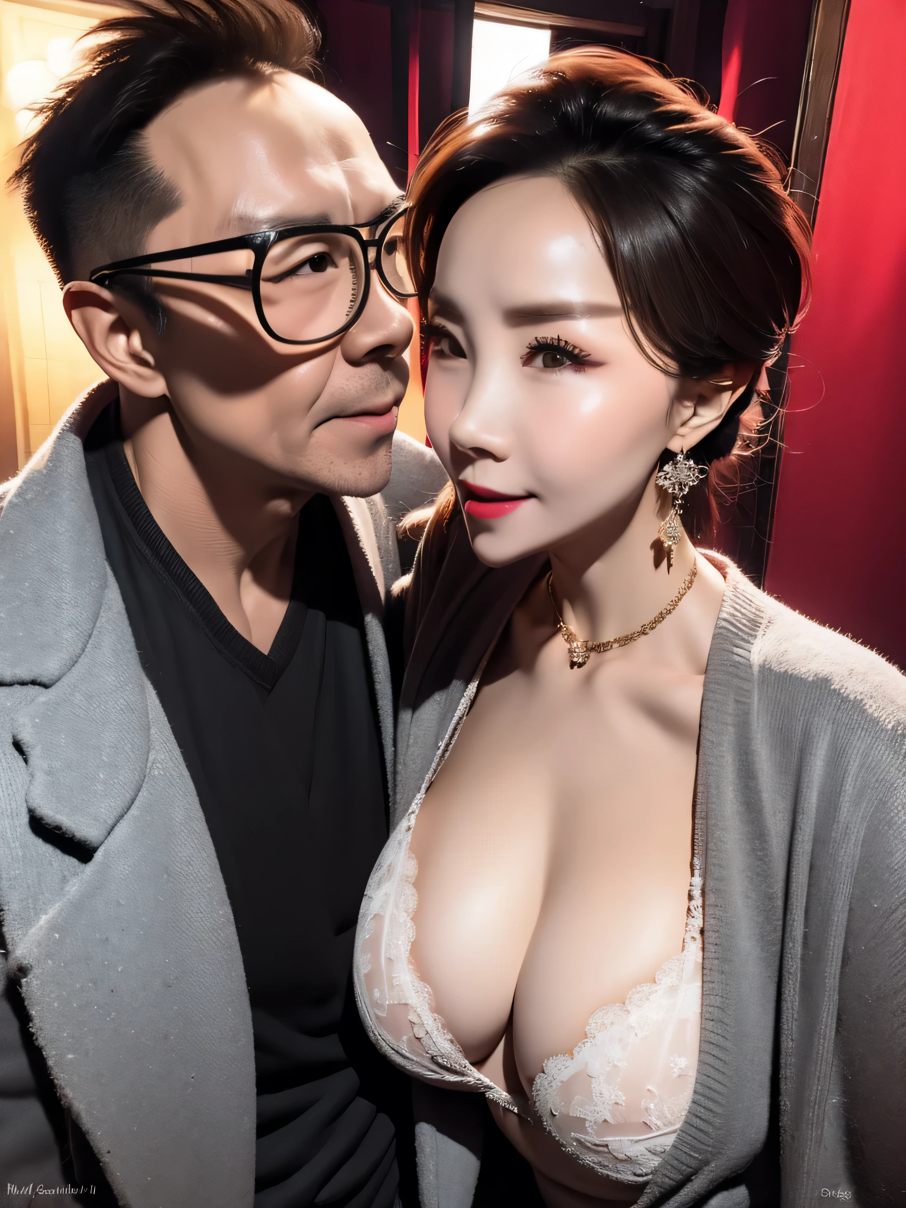 A bride dressed in revealing clothes is making out with an old man in the nightclub, UHD, masterpiece, textured skin, super detail, best quality, 8k.
