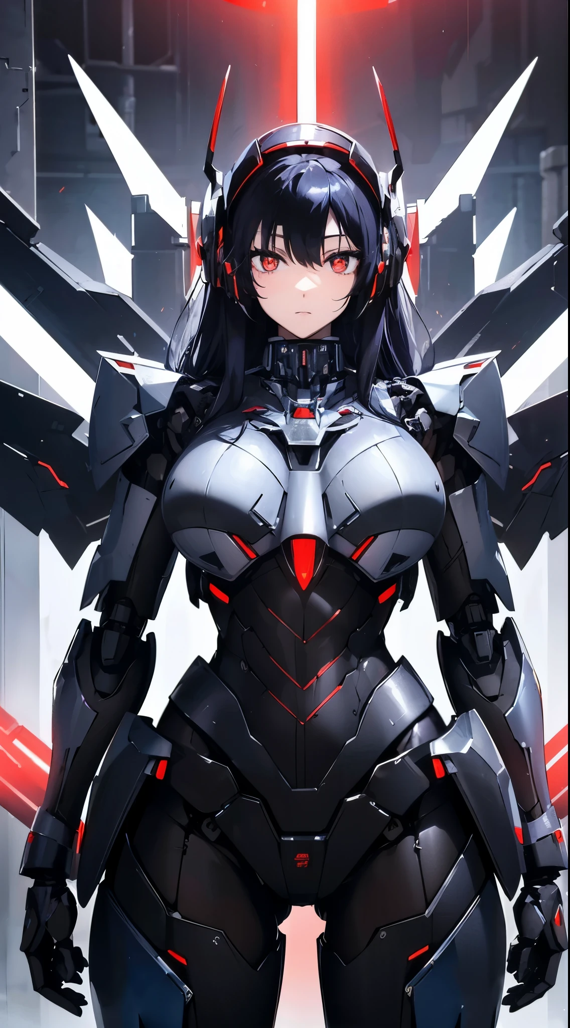 Machine eyes glowing red、Expressionless