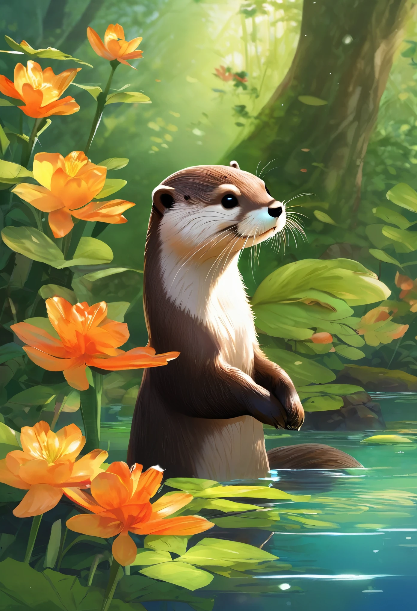 highest quality、Super fine、Realistic、Asian small-clawed otter、Cute otter、Shaggy animals、Adorable creatures、Pad、Beard、Nimble movement、playful look、mischievous eyes、Curious personality、Forest Habitat、Natural scenery、Green leaves、Sunlight filtering through the trees、Shining River、Water surface reflection、Colorful flowers、Peaceful and quiet atmosphere、Soft fur texture、Bright colors、Artistic rendering、Meticulous attention to detail、Realisticな描写、Fantastic lighting、Serene atmosphere