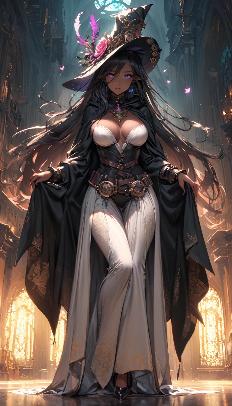 (masterpiece), (best quality:1.4), (perfect anatomy:1.4), high quality, expressive eyes, full body, detailed face, beautiful face, perfect face, {1 girl}, In her human form, Danua possesses an aura of mystery and quiet strength. She stands at a moderate height, around 5 feet 8 inches tall, with a slender yet athletic build that speaks of both grace and resilience. Her complexion is a rich, dark hue, reminiscent of polished mahogany, lending her an air of exotic beauty that sets her apart in any crowd. Danua's features are striking yet enigmatic, with high cheekbones, a sculpted jawline, and full lips that often curve into a thoughtful expression. Her eyes, a deep emerald green, hold a glint of intelligence and intensity, hinting at the depths of wisdom and experience hidden within. Cascading waves of black hair frame her face, falling in loose curls that dance with every movement, adding to her ethereal allure. She often keeps her hair partially concealed beneath a hooded cloak, adding to her mysterious aura. In her attire, Danua favors garments that blend functionality with elegance, often opting for dark colors and flowing fabrics that allow for of movement. She may be seen wearing a long, flowing cloak that billows behind her like a shadowy veil, adding to her air of mystique., dynamic lighting, 4k resolution, dynamic pose, gothic background, steampunk_costume, hat, curvy, gothicpunkai, jim lee, dark skin, dark skinned female, black hair, ((pants)), belts, dark cloak,