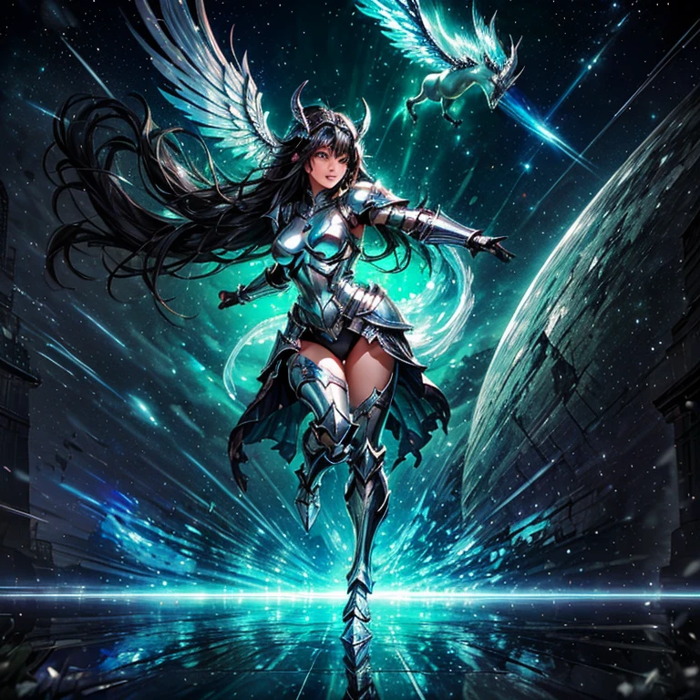 masterpiece, best quality, 8K wallpaper, HDR, octane rendering. A girl, fierce expression, ((Blue aura around her, malevolent energy)), wearing, ((Pegasus armor, Pegasus helmet)), ((shiny silver armor:1.2)), ((Moving poses: 1.4)), (full body), China, walls, landscape destruction, detailed scenery, the girl has (Messy hair, shiny black hair:1.2), (Beautiful and detailed face with perfect symmetry), (Beautiful and detailed green eyes ), (soft open lips, smile, teeth:1.2), (body with perfect anatomy, perfect natural texture, high details, shiny skin) cinematic lighting, vivid colors, detailed illustration, depth of field.