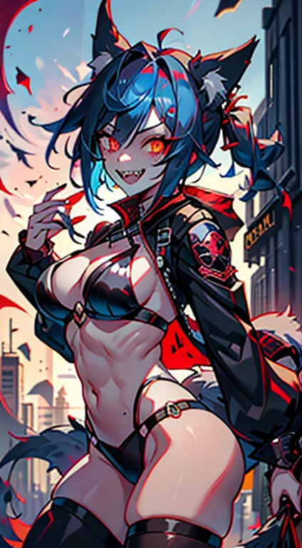 1girl, short_rebellious_hairblue_hair, hair tips to the side, scary_eyes, short_hair, Mouth_open_teeth_sharp_fangs, Evil smile_sharp_wild teeth, black_iris, scarlet_red_pupil, black, sclera, soulless_black_eyes, looking_at_vi ewer, holding, shirt, pant, animal_ears, blue_ ears, wolf_woman, blue_tail, body_perfect, Milf_body, female_body_muscular, big_breasts, scar_on_thighs, scar_on_the abdomen,assassin's creed:Pirate_outfit_black