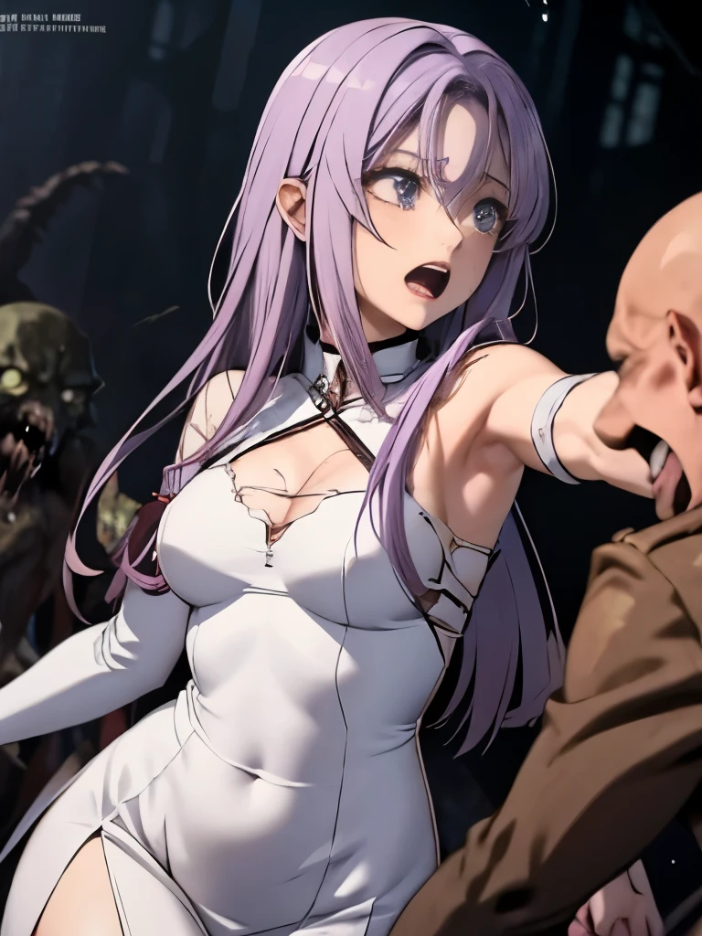 high quality、Anime Style、Battle of Despair 1:8、Beautiful woman with very long purple hair、Grown-up face、White see-through dress（No sleeve、Chest exposed、belly button、Exposed thighs）、White Armor Boots、Tears overflow、Frightened expression、scream、run away、Attacked by a festering zombie 1:5、Many violent zombies 1:5、Festering Zombie Holding Arm、A festering zombie attacks from behind、A festering zombie grabs a leg、Festering Zombie Swarm 1:5、Midnight、another world、Dark fantasy、hell